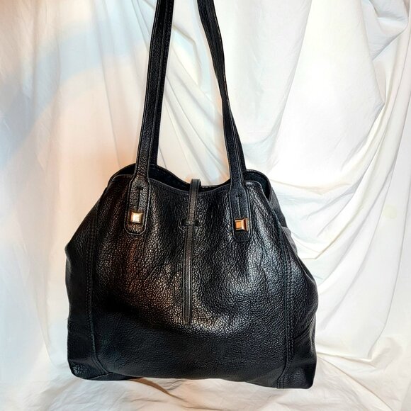 Stella & Dot Tote Black Leather Dual Strap Snap Close Bag, Clean Non Smoking - Picture 1 of 10
